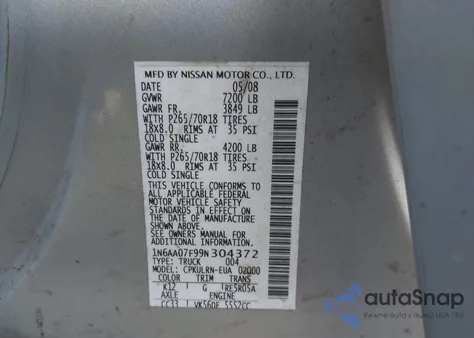 2009 Nissan Titan Xe из США, поврежденный, VIN 1N6AA07F99N304372